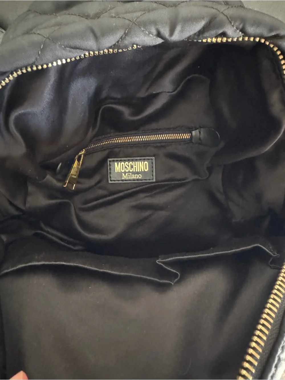 Moschino Quilted Nylon Gold Logo Black Backpack